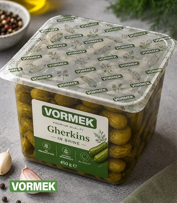 Vormek-sealed gherkins in brine in a clear retail tray