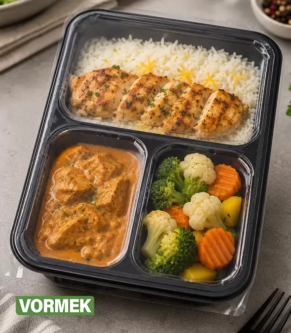 Multi-compartment sealed ready meal with chicken, rice, sauce, and vegetables